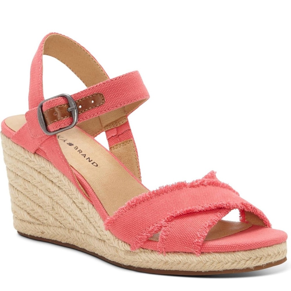 NWT Lucky Brand Women's Margaline Canvas Wedge Espadrilles Calypso Coral 7.5 M